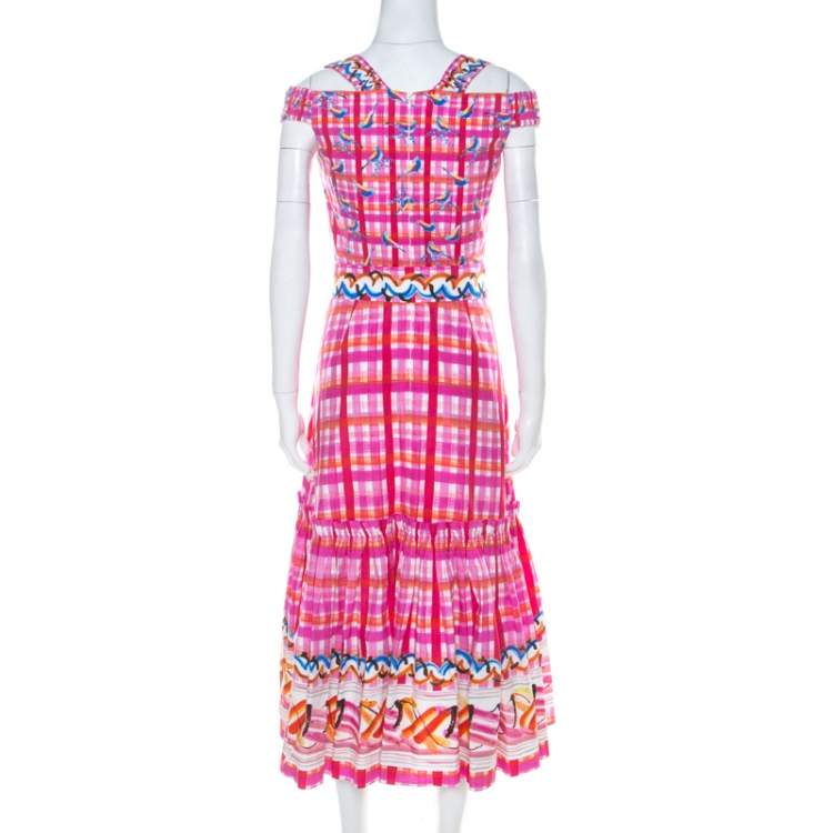 مملوكة مسبقًا Peter Pilotto Pink Printed Cotton Poplin Cold Shoulder Ruffled Hem Dress S