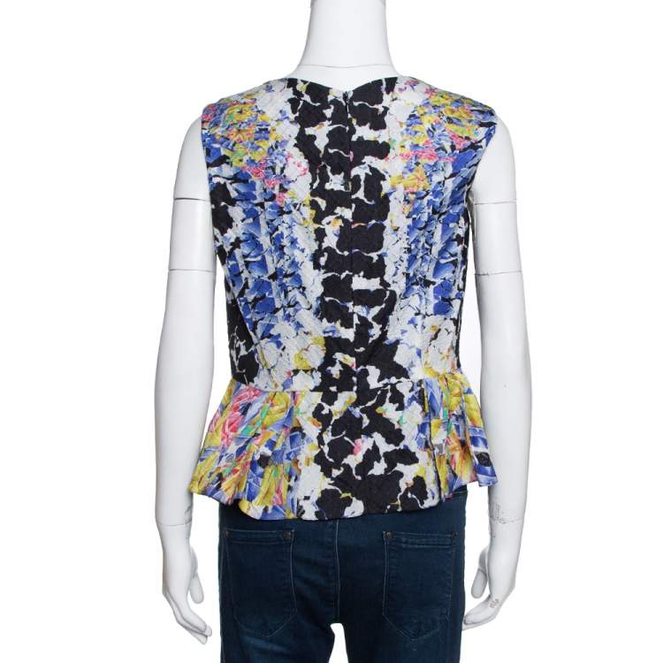 Pre Owned Peter Pilotto Multicolor Printed Silk Jacquard Peplum Detail Sleeveless Top M 