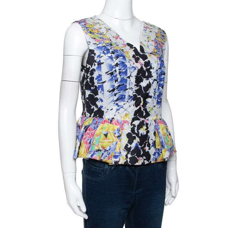 Pre Owned Peter Pilotto Multicolor Printed Silk Jacquard Peplum Detail Sleeveless Top M 