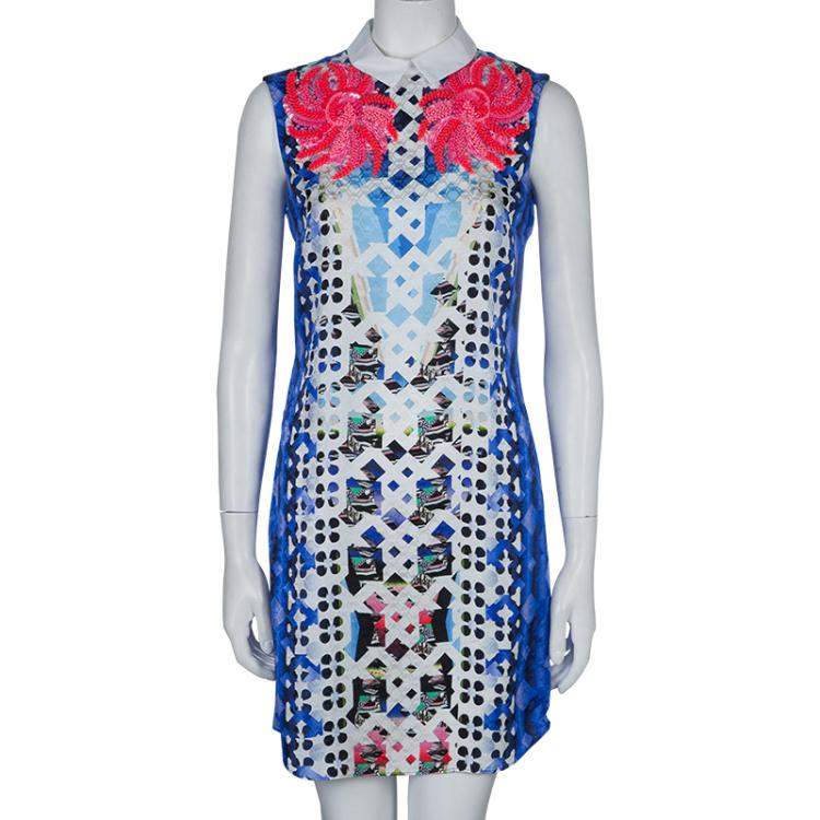 Pre Owned Peter Pilotto Blue Digital Print Neon Sequin Embellished Sleeveless Dress S