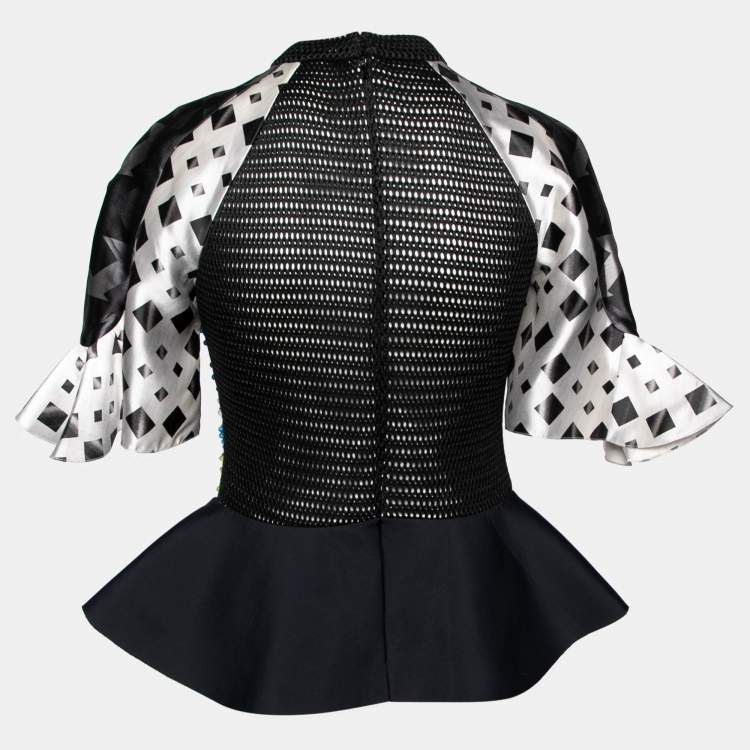 Pre Owned Peter Pilotto Black Cotton Check Print Ruffled Sleeves Peplum Top M