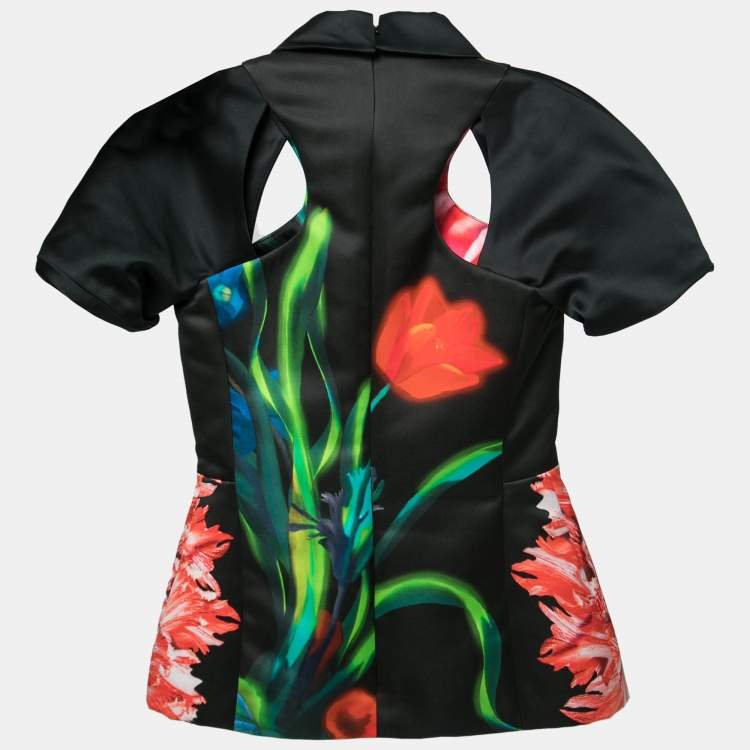 مملوكة مسبقًا Peter Pilotto Black Floral Printed Satin Cut-Out Detail Top S