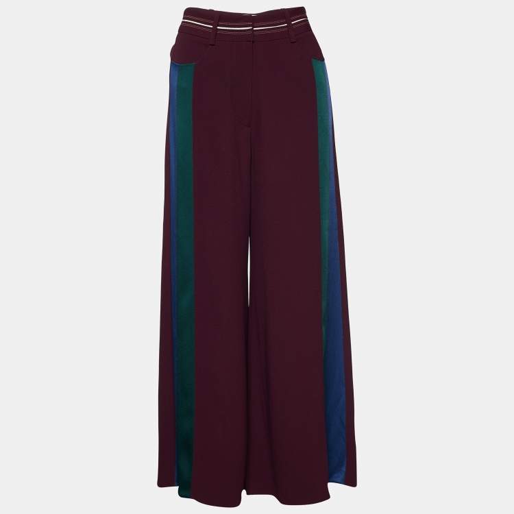 Pre Owned Peter Pilotto Burgundy Crepe Side Stripe Detail Flared Trousers S