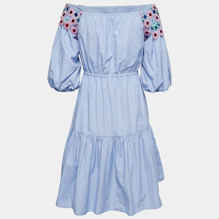 Pre Owned Peter Pilotto Blue Cotton Lace Overlay Off-Shoulder Mini Dress S