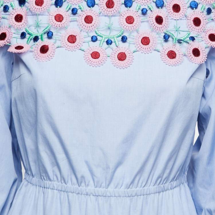 Pre Owned Peter Pilotto Blue Cotton Lace Overlay Off-Shoulder Mini Dress S