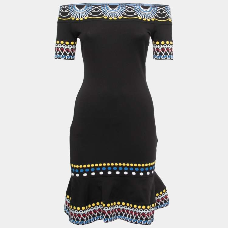 Pre Owned Peter Pilotto Black Jacquard Knit Off Shoulder Bodycon Dress XS