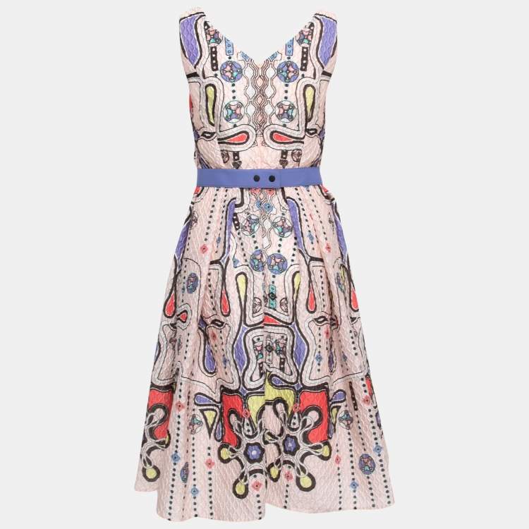 Pre Owned Peter Pilotto Light Pink Printed 3D Waffle Textured Nylon Blend Belted Circle Dress M