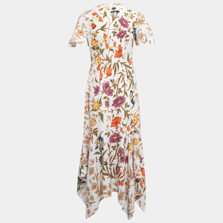Pre Owned Peter Pilotto White Floral Printed Embossed Crepe Asymmetrical Midi Dress M