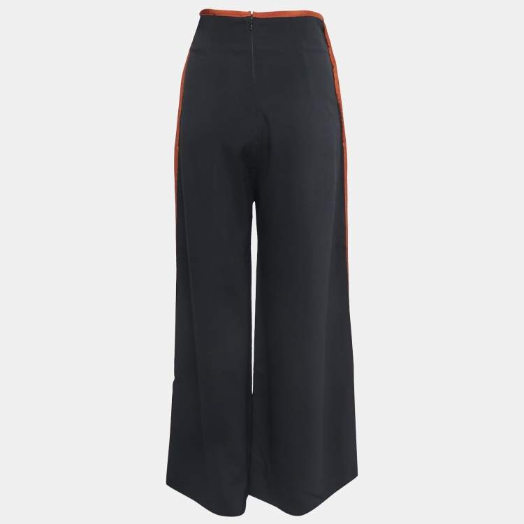 Pre Owned Peter Pilotto Black/Brown Crepe Button Embellished Wide Leg Trousers M
