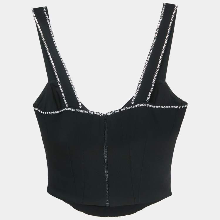 Pre Owned Philip Stein Black Rhinestone Embellished Crepe Bustier Top S