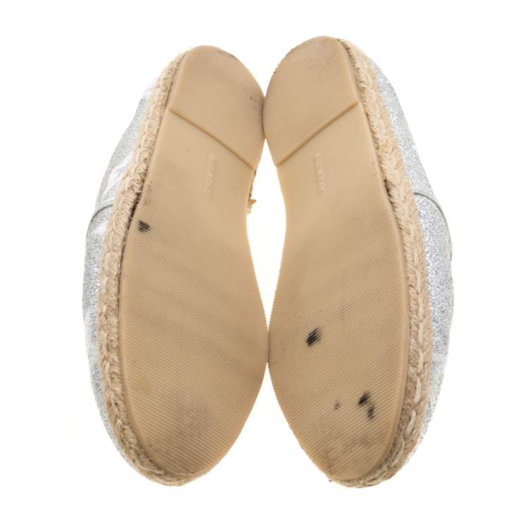 Pre Owned Philipp Plein Metallic Silver Glitter Fabric And Leather Trim Star Espadrilles Size 38.5