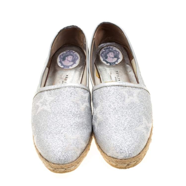 Pre Owned Philipp Plein Metallic Silver Glitter Fabric And Leather Trim Star Espadrilles Size 38.5