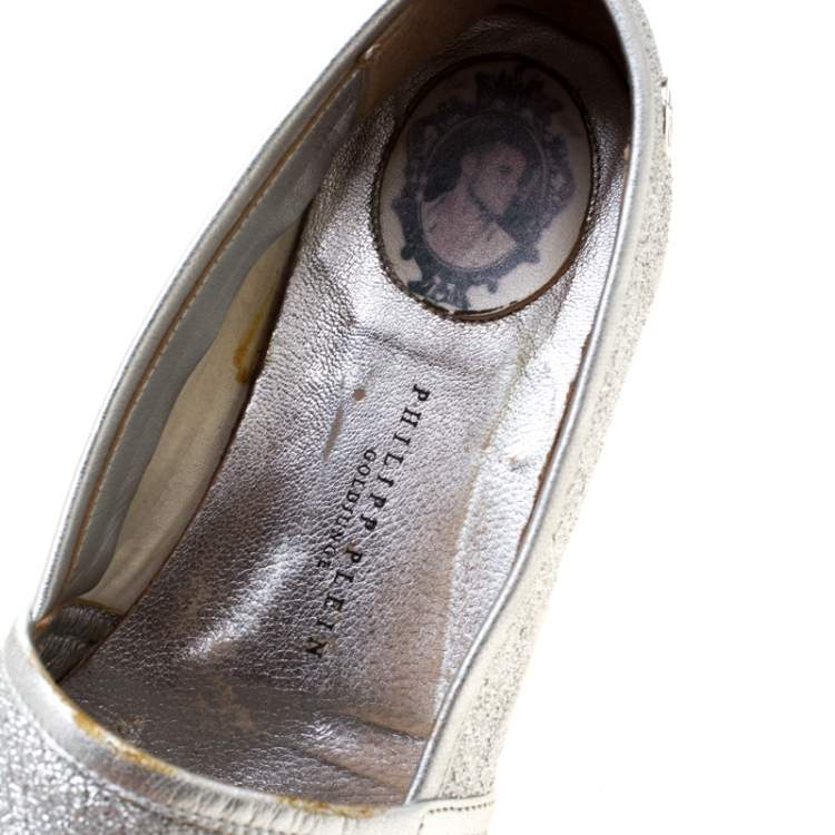 Pre Owned Philipp Plein Metallic Silver Glitter Fabric And Leather Trim Star Espadrilles Size 38.5