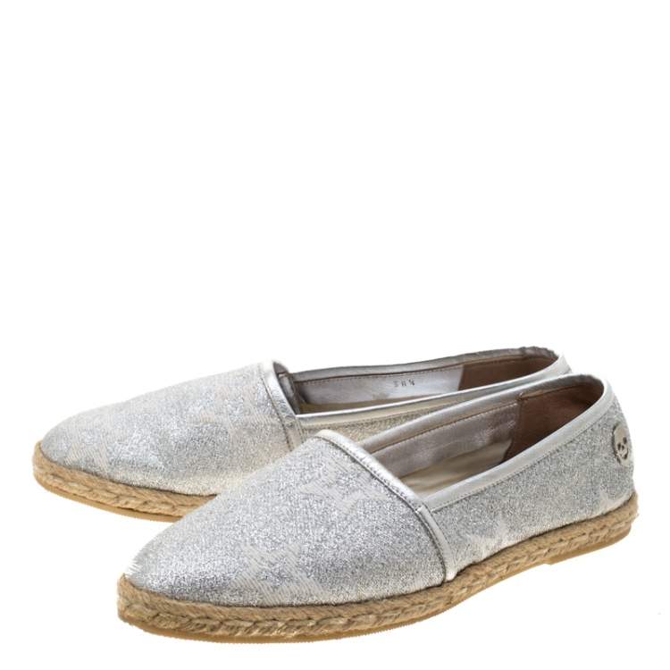 Pre Owned Philipp Plein Metallic Silver Glitter Fabric And Leather Trim Star Espadrilles Size 38.5