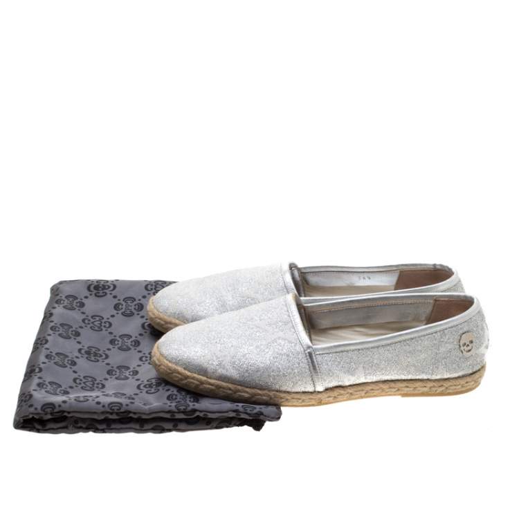 Pre Owned Philipp Plein Metallic Silver Glitter Fabric And Leather Trim Star Espadrilles Size 38.5