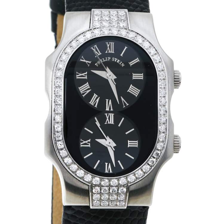 Pre Owned Philip Stein Black Stainless Steel Leather Diamond Signature Teslar Dual Time Women's Wristwatch 24 mm 