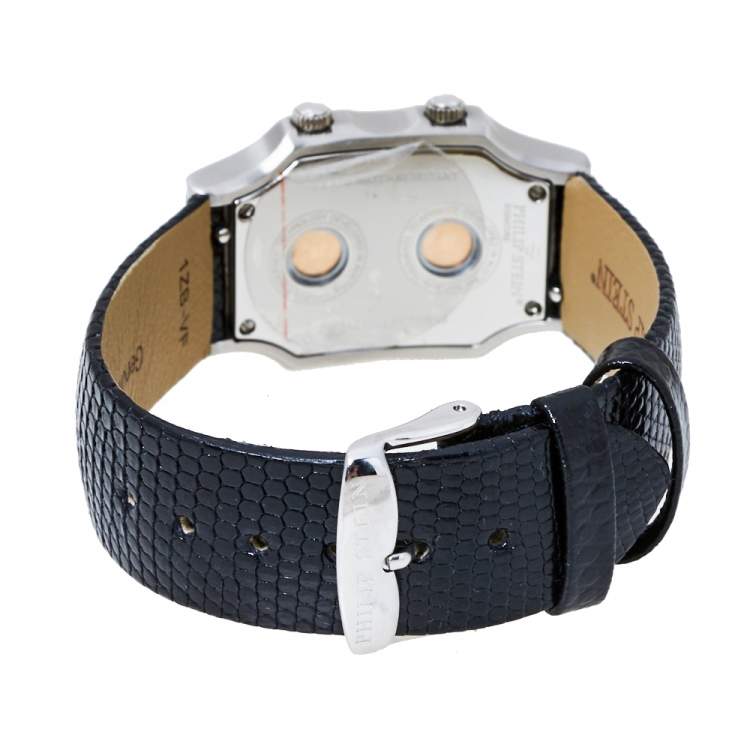Pre Owned Philip Stein Black Stainless Steel Leather Diamond Signature Teslar Dual Time Women's Wristwatch 24 mm 