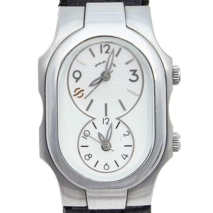 Pre Owned Philip Stein White Stainless Steel Leather Teslar Women's Wristwatch 27 mm