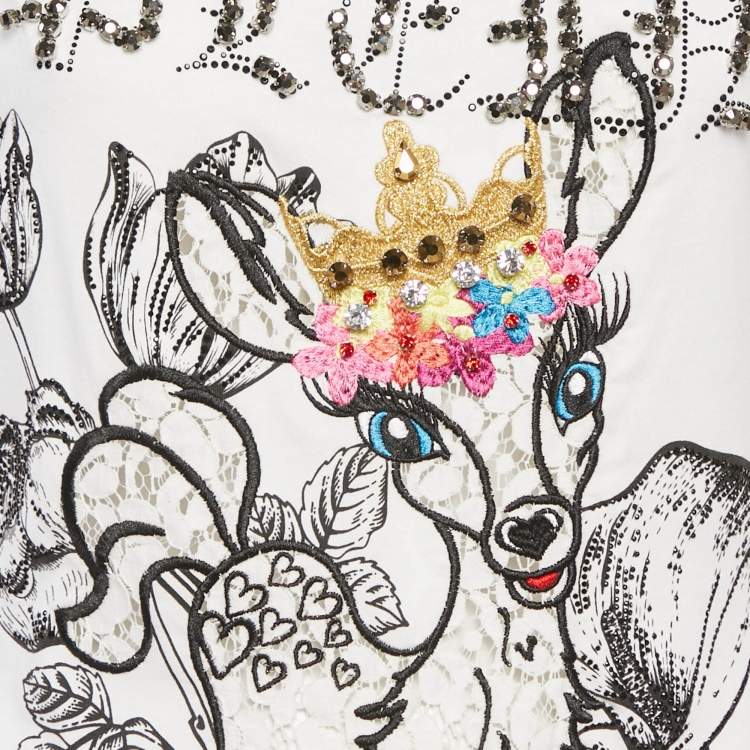 Pre Owned Philipp Plein Couture White Deer Embellished Cotton Mini Dress L