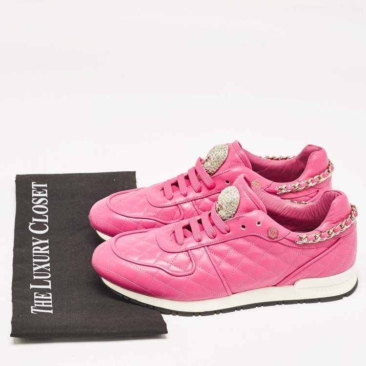 Pre Owned Philipp Plein Pink Leather Skull Lace Up Trainers Sneakers Size 39