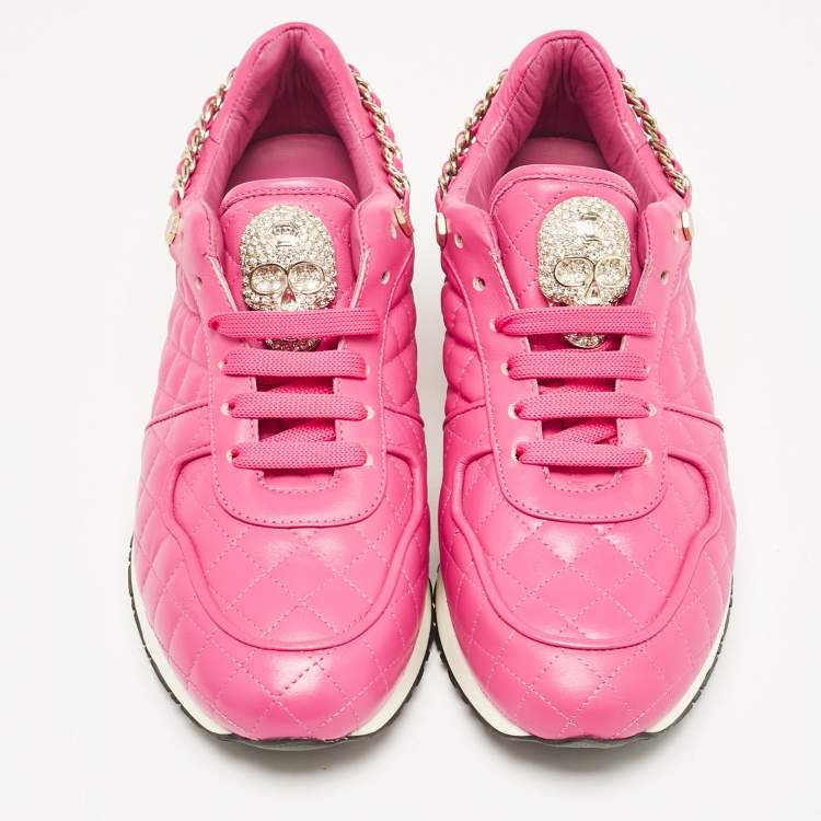 Pre Owned Philipp Plein Pink Leather Skull Lace Up Trainers Sneakers Size 39
