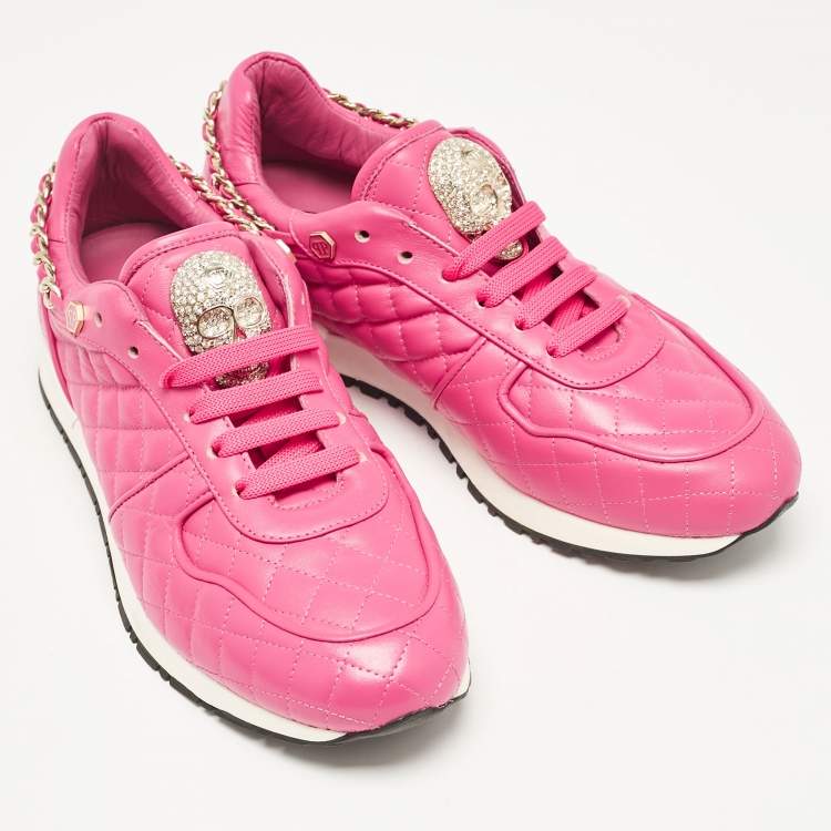 Pre Owned Philipp Plein Pink Leather Skull Lace Up Trainers Sneakers Size 39