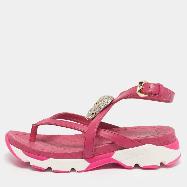 Pre Owned Philipp Plein Pink Leather Crystal Skull Flat Sandals Size 36