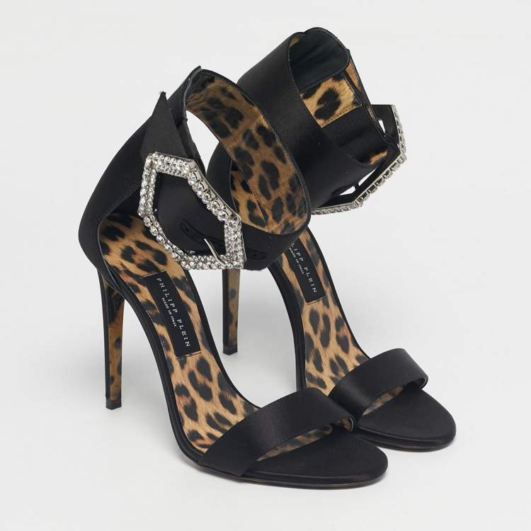 Pre Owned Philipp Plein Black Satin Crystal Embellish Ankle Strap Sandals Size 38
