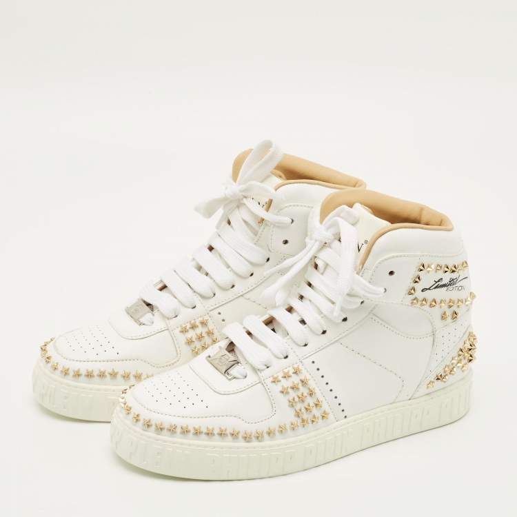 Pre Owned Philipp Plein Notorious Size 38 White Leather studded High Top Sneakers