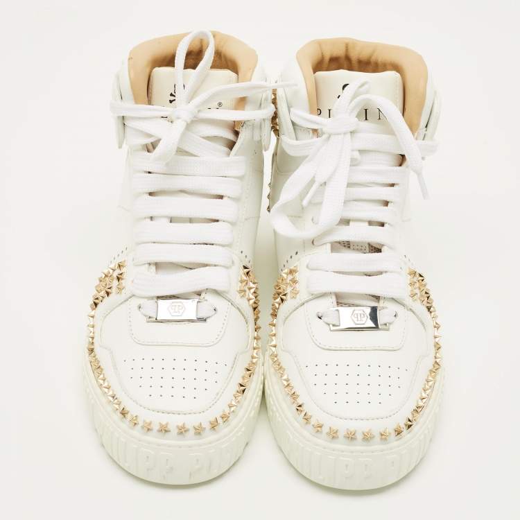 Pre Owned Philipp Plein Notorious Size 38 White Leather studded High Top Sneakers