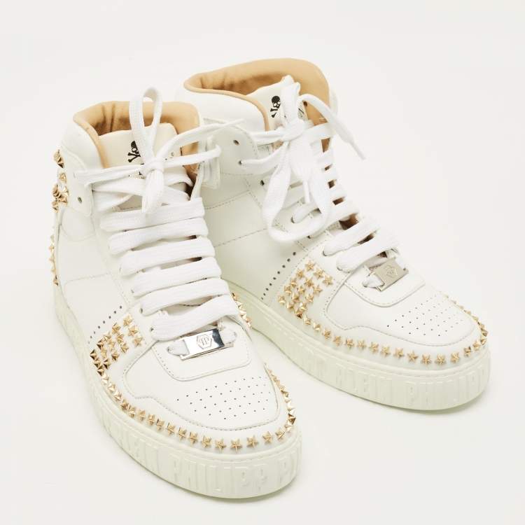Pre Owned Philipp Plein Notorious Size 38 White Leather studded High Top Sneakers