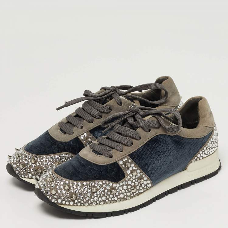 Pre Owned Philipp Plein Size 37 Grey Suede and Velvet Crystal Stud Embellished Lace Up Sneakers