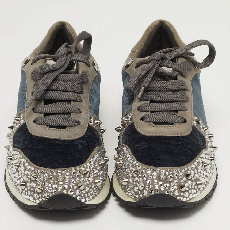 Pre Owned Philipp Plein Size 37 Grey Suede and Velvet Crystal Stud Embellished Lace Up Sneakers
