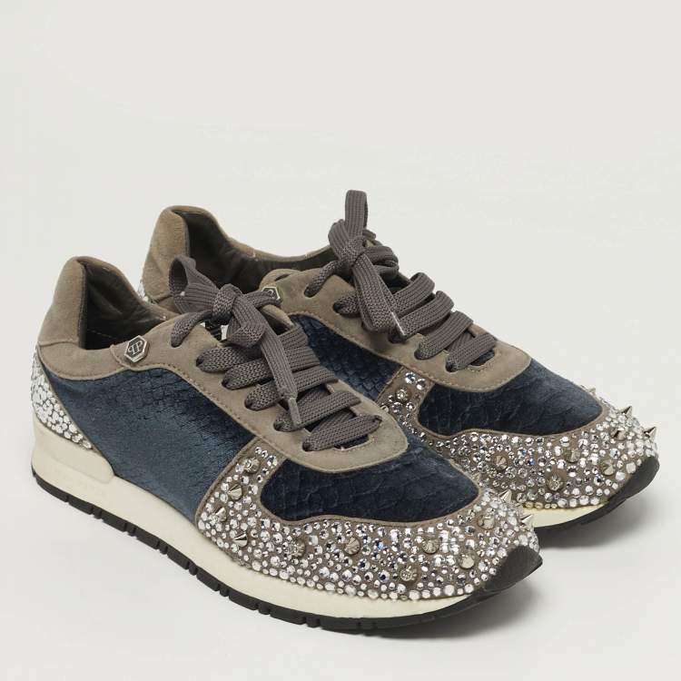 Pre Owned Philipp Plein Size 37 Grey Suede and Velvet Crystal Stud Embellished Lace Up Sneakers