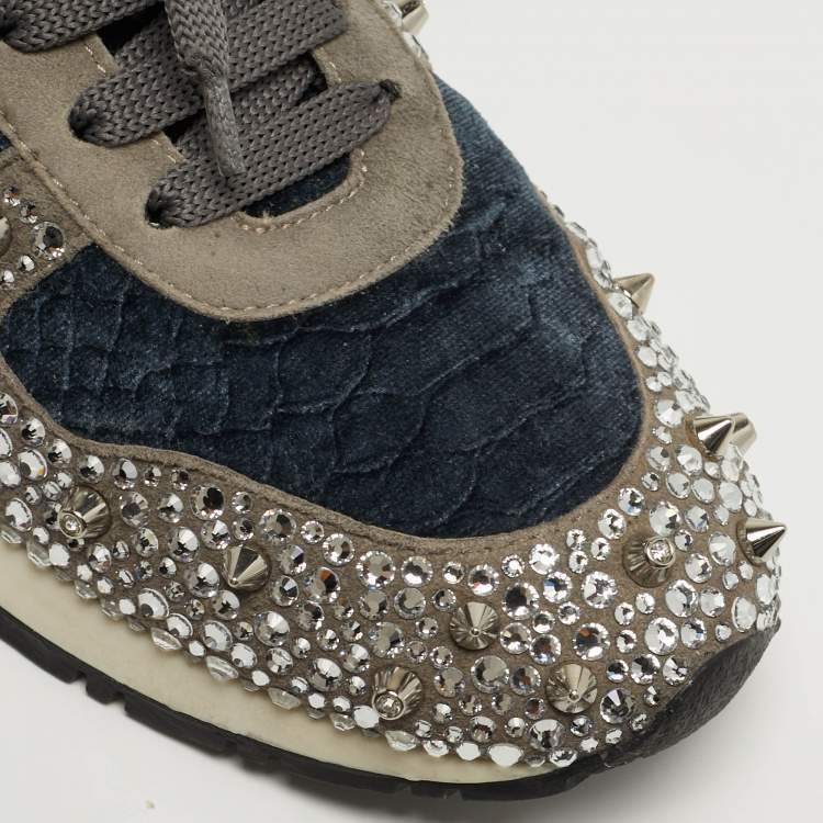 Pre Owned Philipp Plein Size 37 Grey Suede and Velvet Crystal Stud Embellished Lace Up Sneakers