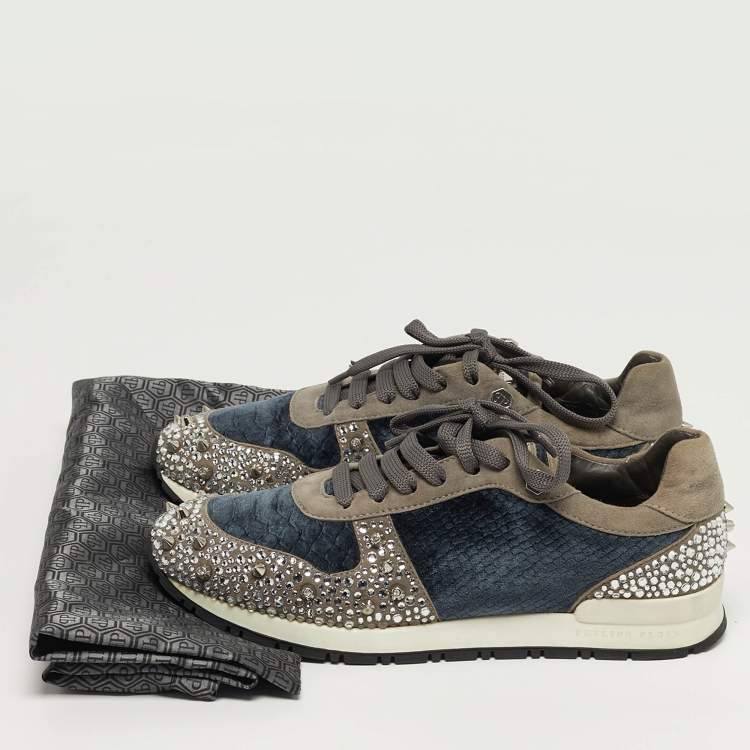 Pre Owned Philipp Plein Size 37 Grey Suede and Velvet Crystal Stud Embellished Lace Up Sneakers
