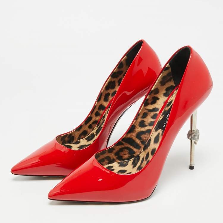 Pre Owned Philipp Plein Skull Heel Size 39 Red Patent Leather Pointed Toe Pumps