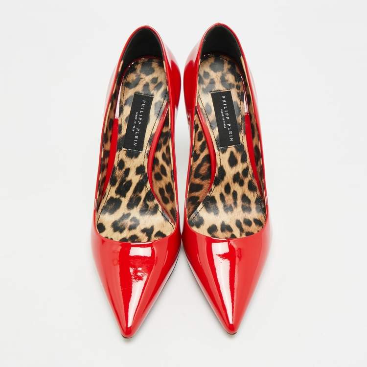 Pre Owned Philipp Plein Skull Heel Size 39 Red Patent Leather Pointed Toe Pumps