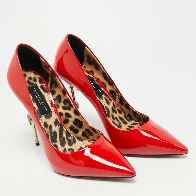 Pre Owned Philipp Plein Skull Heel Size 39 Red Patent Leather Pointed Toe Pumps