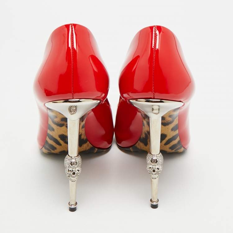 Pre Owned Philipp Plein Skull Heel Size 39 Red Patent Leather Pointed Toe Pumps