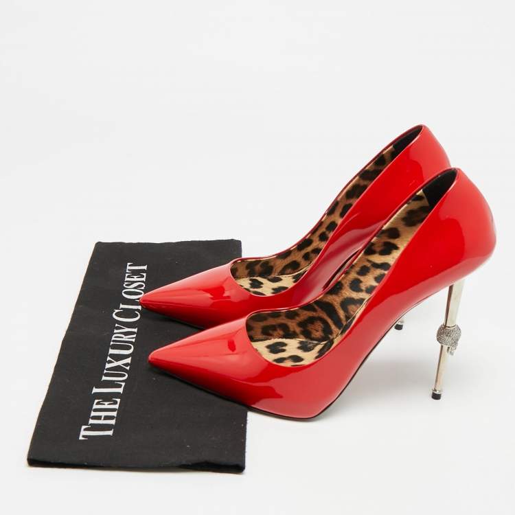 Pre Owned Philipp Plein Skull Heel Size 39 Red Patent Leather Pointed Toe Pumps