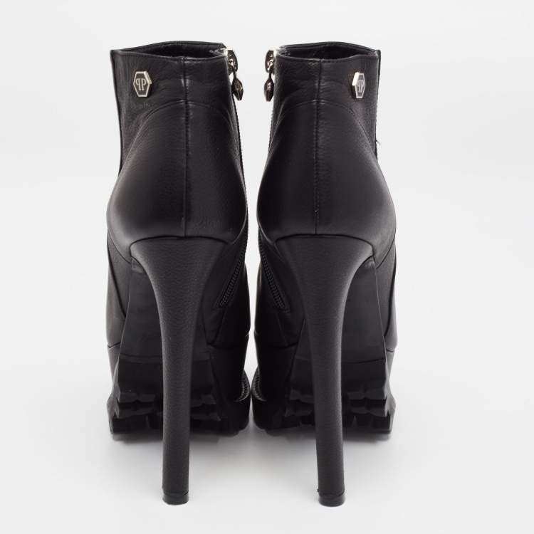 Pre Owned Philipp Plein Black Leather Platform Ankle Booties Size 37