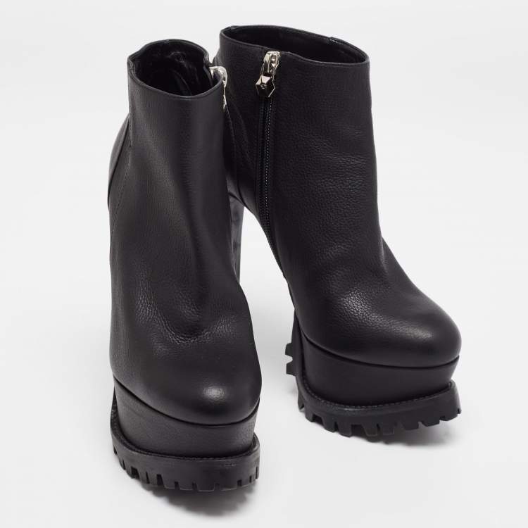 Pre Owned Philipp Plein Black Leather Platform Ankle Booties Size 37