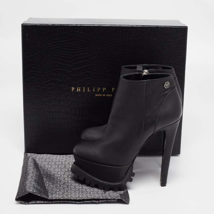 Pre Owned Philipp Plein Black Leather Platform Ankle Booties Size 37