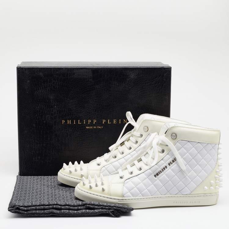 Pre Owned Philipp Plein White/Cream Quilted Leather Sugar Spiked High Top Sneakers Size 38.5