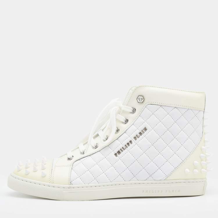 Pre Owned Philipp Plein White/Cream Quilted Leather Sugar Spiked High Top Sneakers Size 38.5