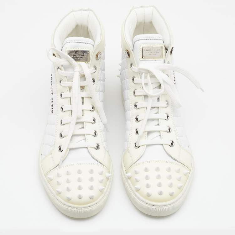 Pre Owned Philipp Plein White/Cream Quilted Leather Sugar Spiked High Top Sneakers Size 38.5