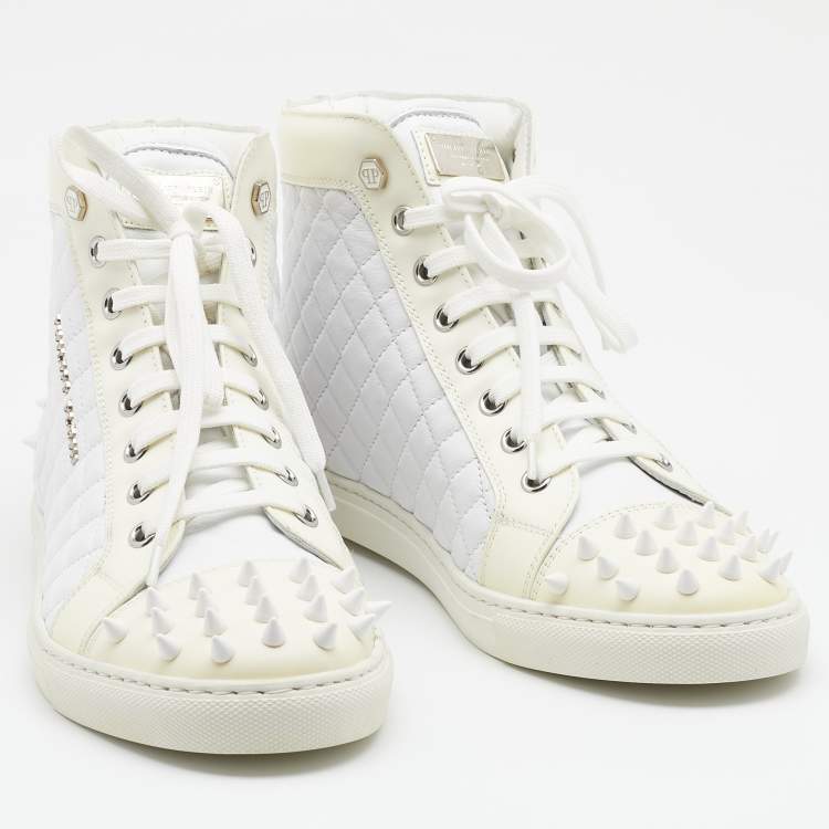 Pre Owned Philipp Plein White/Cream Quilted Leather Sugar Spiked High Top Sneakers Size 38.5