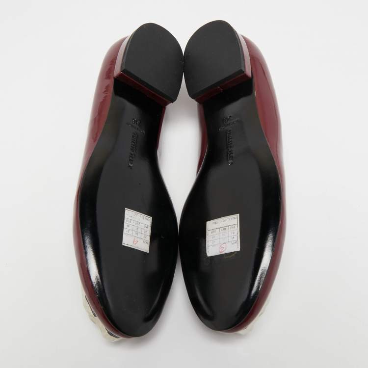 Pre Owned Philipp Plein Burgundy Patent Leather Embellished Ballet Flats Size 36
