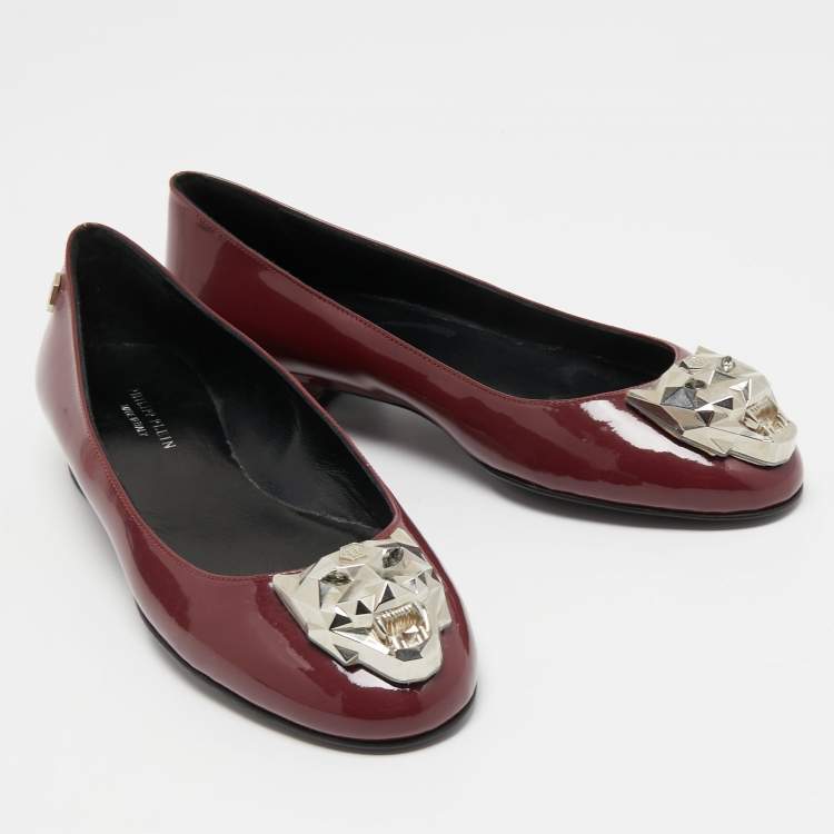 Pre Owned Philipp Plein Burgundy Patent Leather Embellished Ballet Flats Size 36
